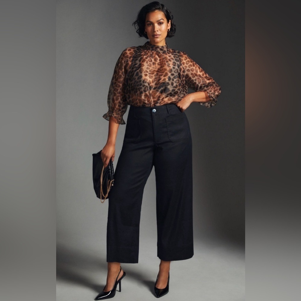 Maeve by Anthropologie The Colette Linen Blend Wide Leg Crop Pants Black Size 40